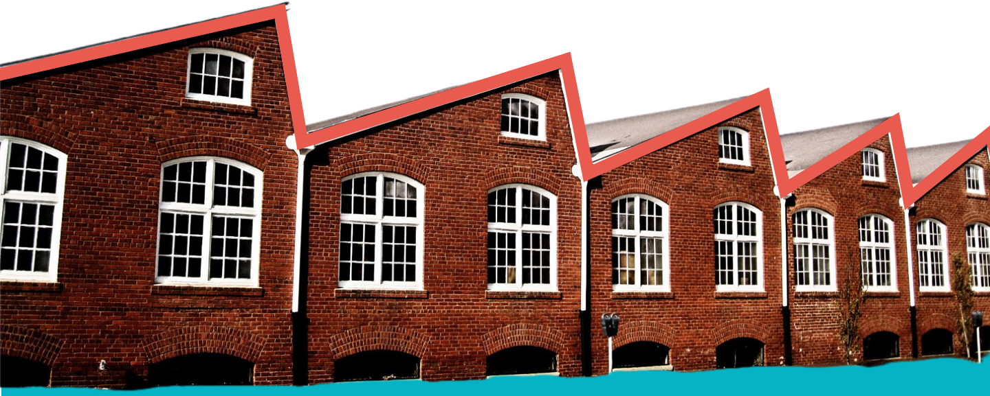 Graphic illustration of a red brick building with a distinctive zigzag roofline.