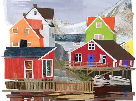 Colorful painting of houses in a snowy landscape.