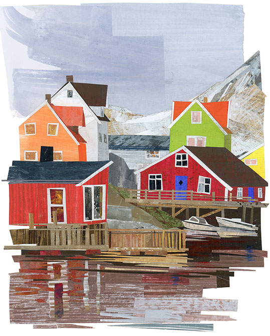 Colorful painting of houses in a snowy landscape.