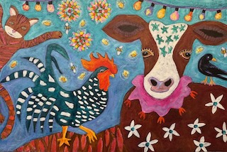Colorful folk art painting of animals.