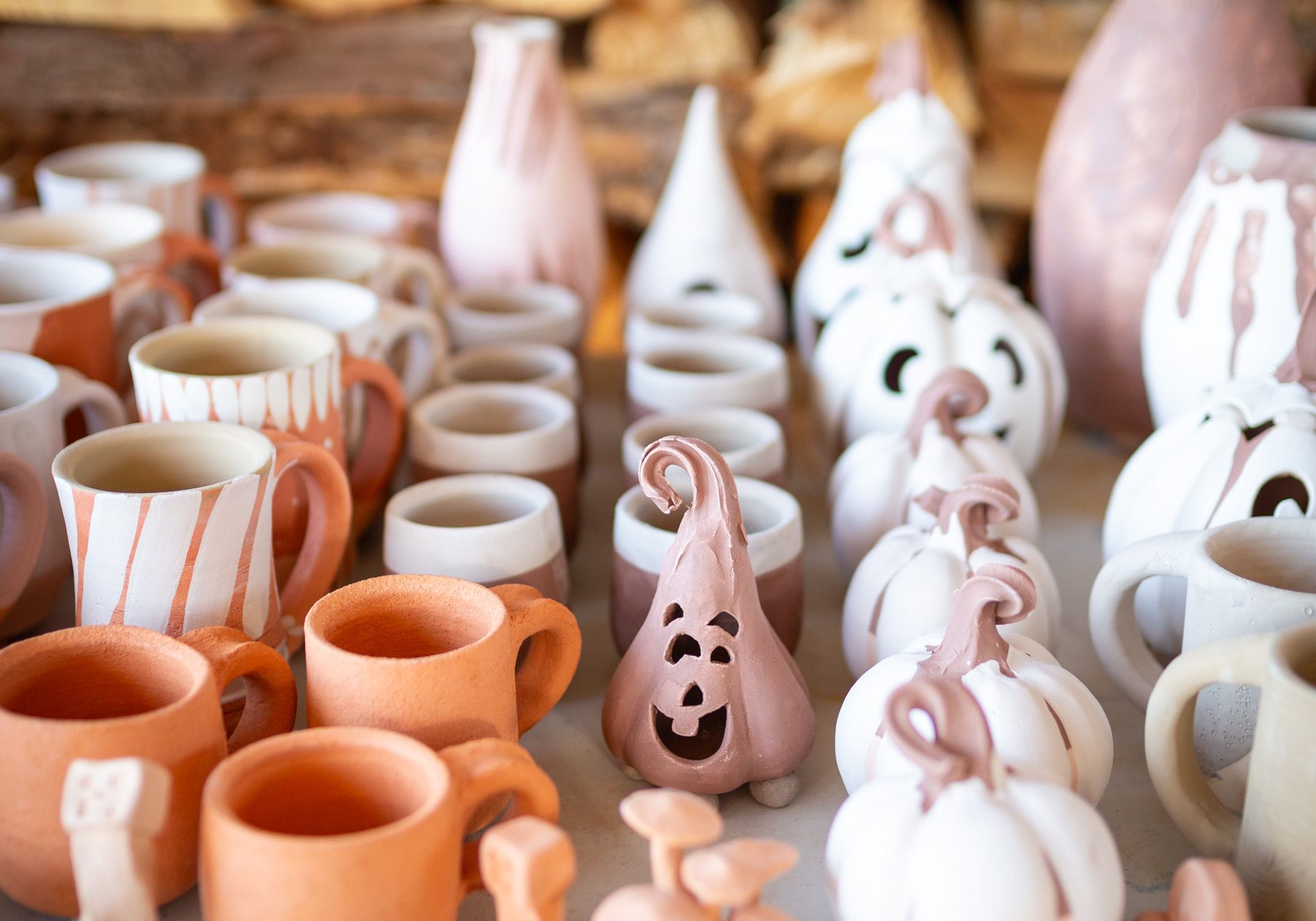 A collection of handcrafted terracotta pottery, mugs, and ceramic figurines on display.